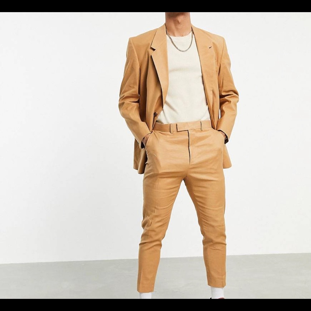 Oversized suit jacket and fitted pants in tobacco linen mix